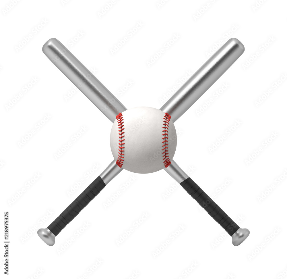 3d rendering of two steel baseball bats making a cross shape with a giant white baseball in front of them. 3d rendering of two steel baseball bats making a cross shape with a giant white baseball in front of them.