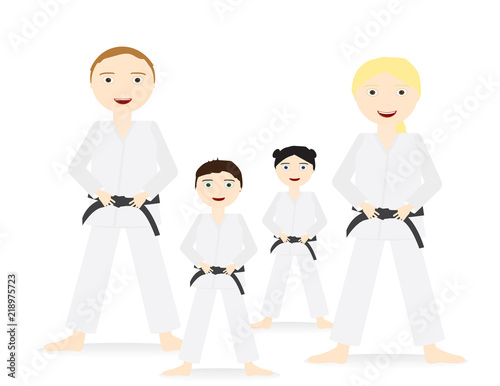 Group of people adults and kids with Judo uniforms and black belt standing 