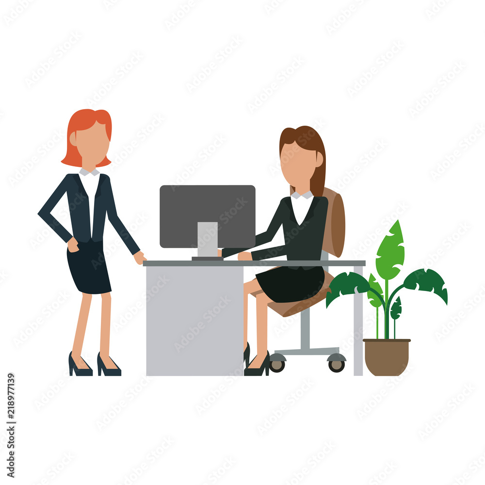 Businesswomens working with computer at office vector illustration graphic design