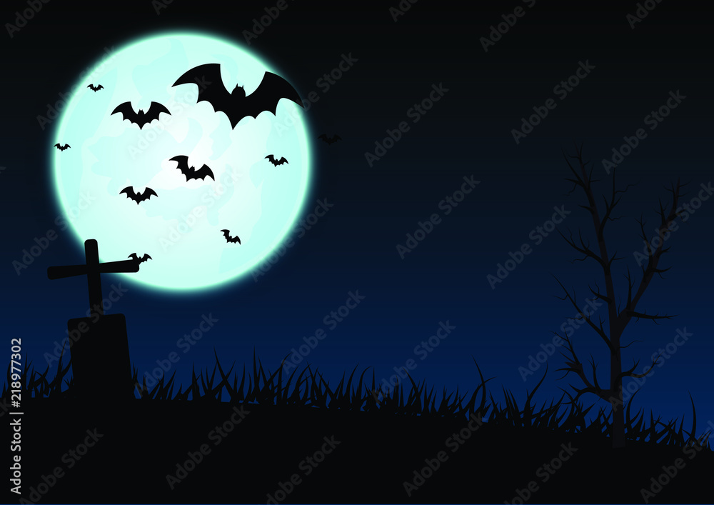 Halloween night background with pumpkins, graves and the full moon ,vector