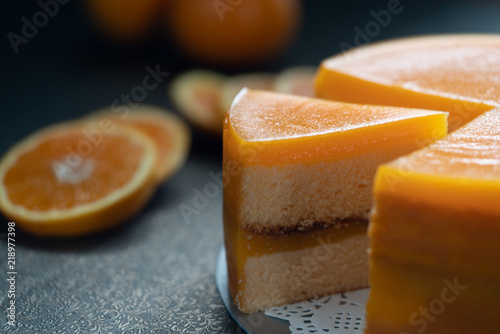 Close up of orange cake  on the table