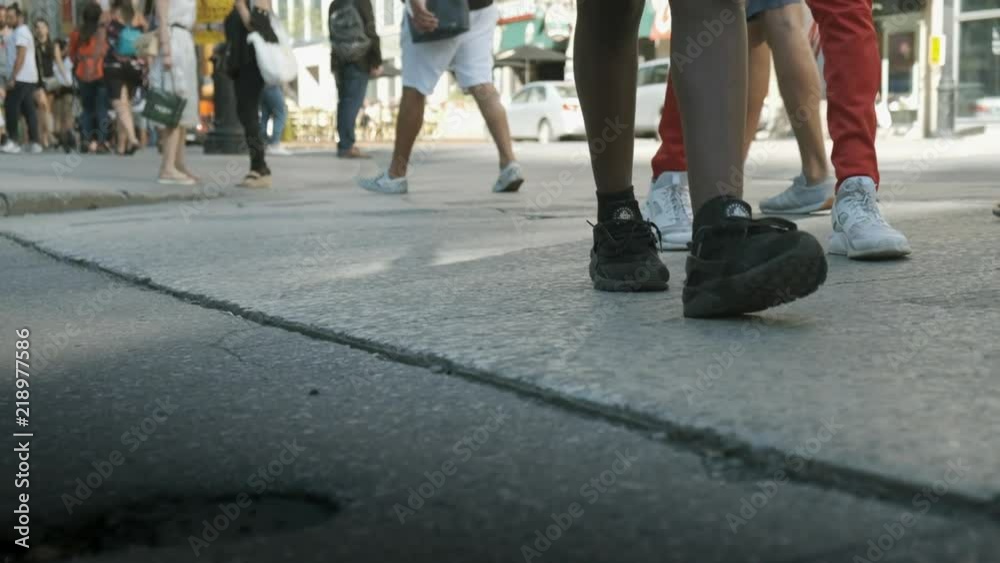 Slow Motion of City Foot Traffic, Anonymous Crowd, People Walking from Back, Crossing at Intersection of Streets. Sunny Summer Day. Busy Street. Slow Motion of City Foot Traffic, Anonymous Crowd, People Walking from Back, Crossing at Intersection of Streets. Sunny Summer Day. Busy Street.