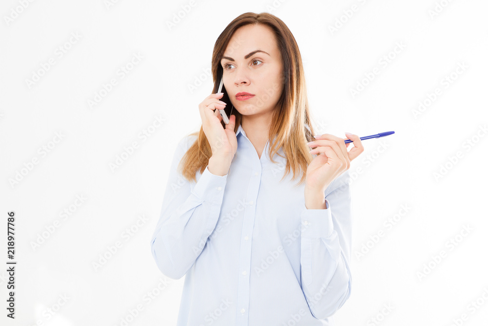 Isolated portrait of business girl with smartphone. Woman tolking on phone. Confident young manager. Copy space Isolated portrait of business girl with smartphone. Woman tolking on phone. Confident young manager. Copy space