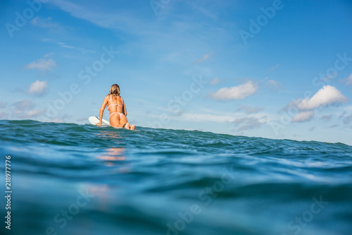 Fitness surfer woman in sexy bikini on surfing longboard swim and have fun on big waves in open ocean. Modern active lifestyle, people water sport adventure camp and extreme swim on summer vacation.