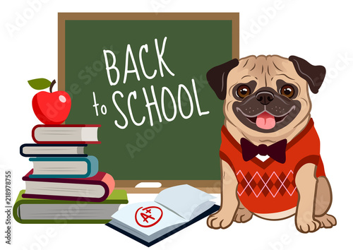 Pug dog back to school cartoon illustration. Cute friendly pug puppy, smiling with tongue out, wearing argyle vest and bow tie, near blackboard, stack of books, textbook with a plus mark, apple.