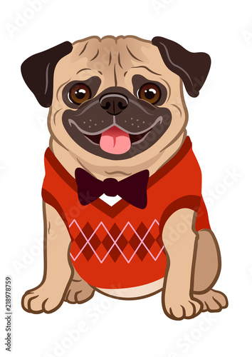 Pug dog cartoon illustration. Cute friendly fat chubby fawn sitting pug puppy, smiling with tongue out, wearing argyle vest and bow tie. Pets, dog lovers, animal themed  element isolated on white.