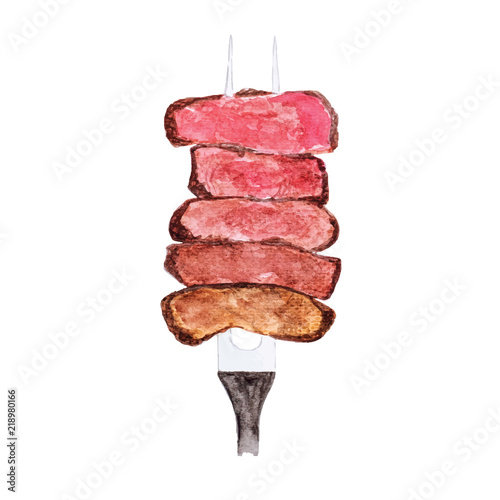 Watercolour painting slices of beef steak on meat fork on white background.