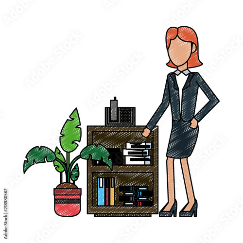 Businesswoman with telephone at office vector illustration graphic design