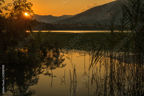 annone lake lecco swamp during sunset at summer photo
