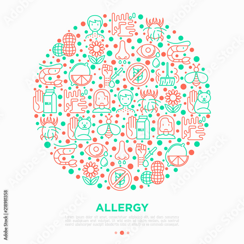 Allergy concept in circle with thin line icons: runny nose, dust, streaming eyes, lactose intolerance, citrus, seafood,gluten free, allergy test, edema. Vector illustration, print media template