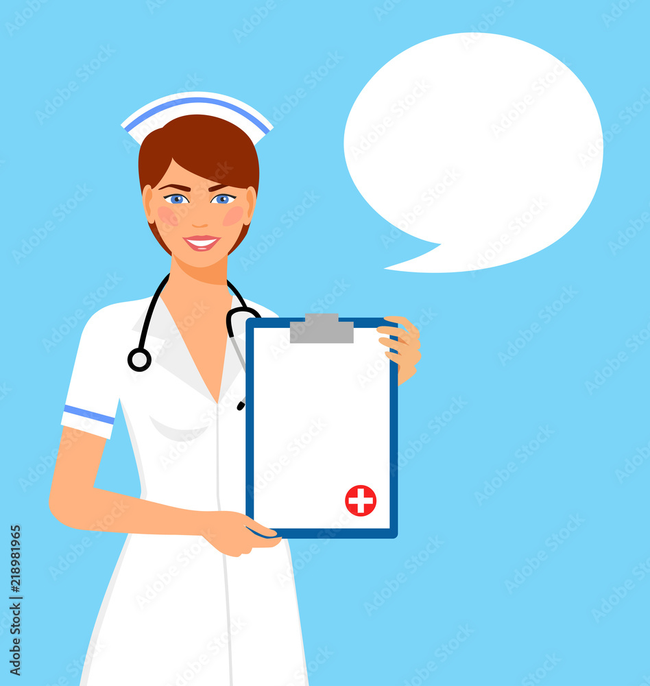 Beautiful female nurse is holding clipboard and showing document. Portrait of young nurse or medic with clipboard and stethoscope isolated on blue background Beautiful female nurse is holding clipboard and showing document. Portrait of young nurse or medic with clipboard and stethoscope isolated on blue background