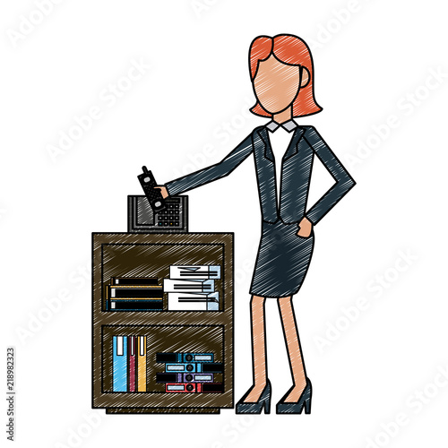 Businesswoman with telephone at office vector illustration graphic design