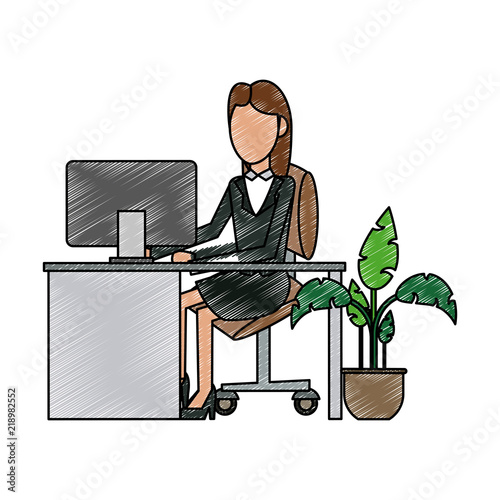 Businesswomans working with computer at office vector illustration graphic design