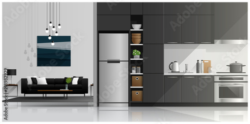 House interior scene with modern kitchen and living room , vector , illustration