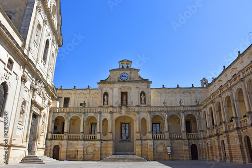 Italy, Lecce, Duomo square, in Baroque style, bell tower, view and architectural details.