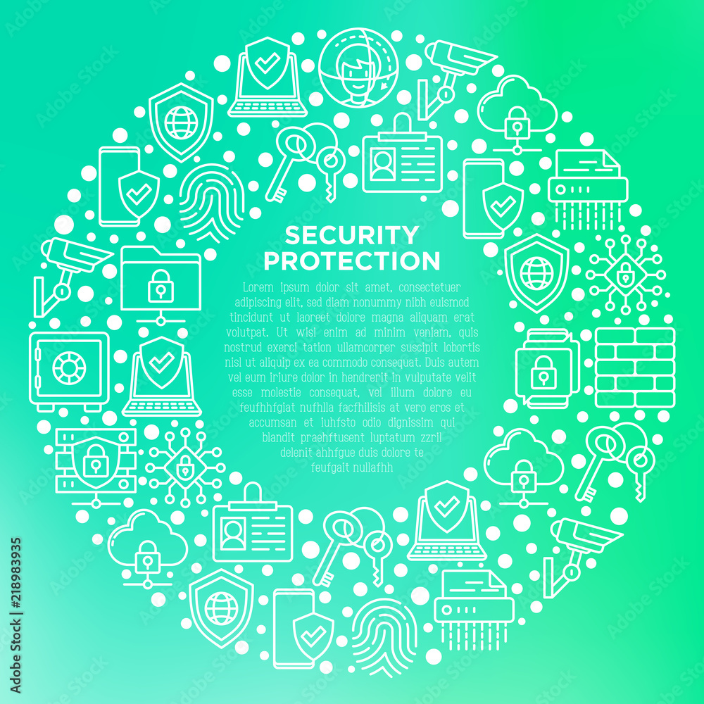 Security and protection concept in circle with thin line icons: mobile security, fingerprint, badge, firewall, face ID, secure folder, surveillance camera, keyset, shredder. Modern vector illustration