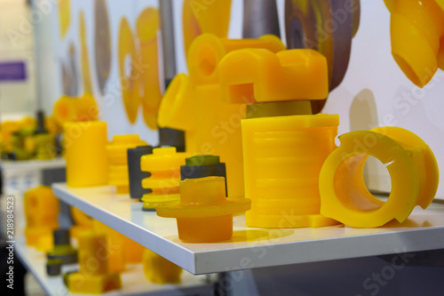 Varous products from polyurethane on the exhibition stand. industry photo