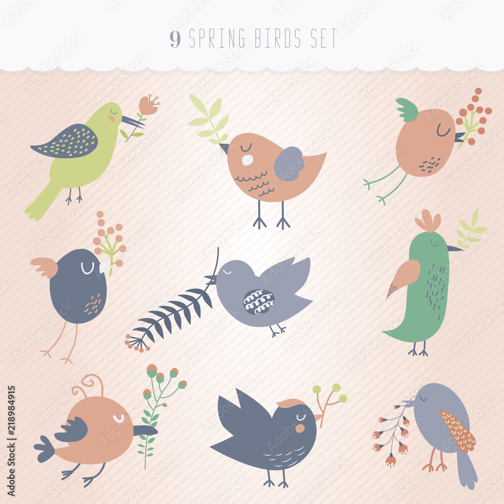 Set of nine spring cute birds