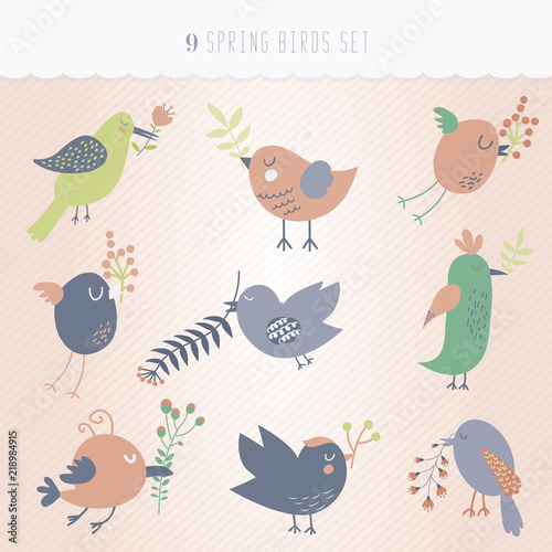 Set of nine spring cute birds © Volha