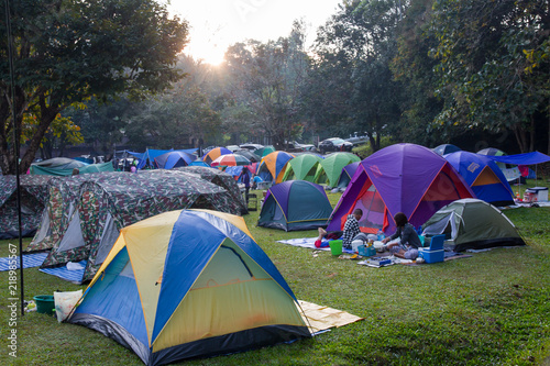 Tourist camping tent in the morning at campsite in Khao Yai National Park, Thailand 
