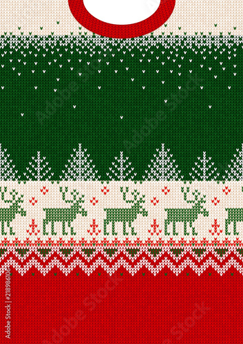 Ugly sweater Merry Christmas and Happy New Year greeting card frame border template. Vector illustration seamless knitted background pattern deers scandinavian ornaments. White, red, green colors.