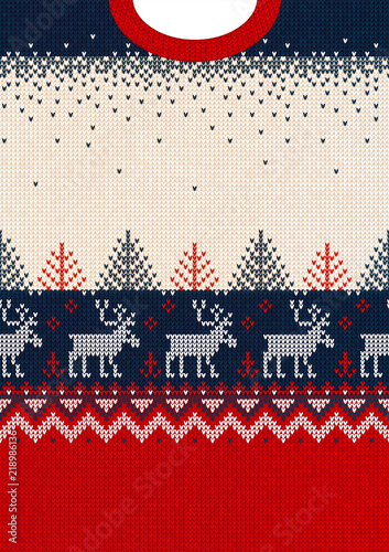 Ugly sweater Merry Christmas and Happy New Year greeting card frame border template. Vector illustration seamless knitted background pattern deers scandinavian ornaments. White, red, blue colors.