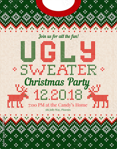 Ugly sweater Christmas party invite. Vector illustration Handmade knitted background pattern with deers and snowflakes, scandinavian ornaments. White, red, green colors. Flat style