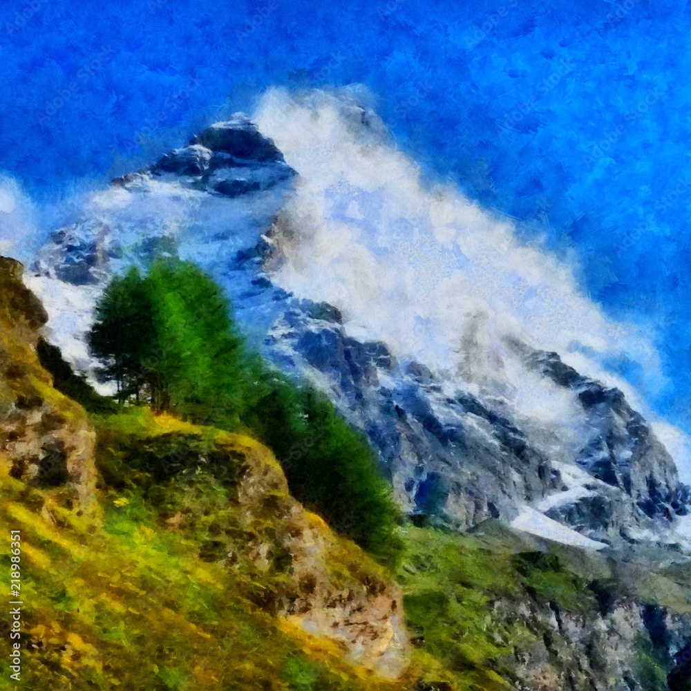 Hand drawing watercolor art on canvas. Artistic big print. Original modern painting. Acrylic dry brush background. Beautiful winter mountain landscape. Ski resort . Wonderful snow view.  