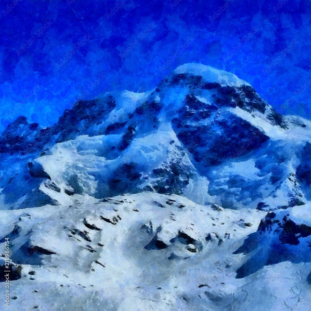 Naklejka Ręcznie rysunek akwarela na płótnie. Artystyczny duży nadruk. Oryginalny nowoczesny obraz. Akrylowe suche tło pędzla. Piękny zimowy krajobraz górski. Górska dolina. Wspaniały widok na śnieg. Skała.