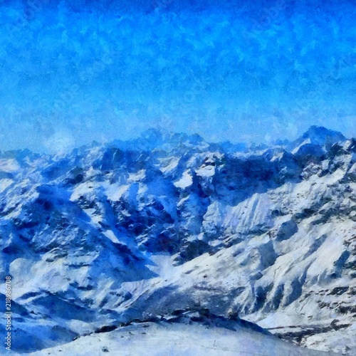 Hand drawing watercolor art on canvas. Artistic big print. Original modern painting. Acrylic dry brush background. Beautiful winter mountain landscape. Mountain valley. Wonderful snow view. Rock.  © Pavel