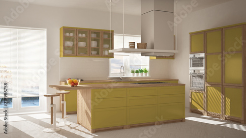 Modern wooden and yellow kitchen with island, stools and windows, parquet herringbone floor, architecture minimalistic interior design