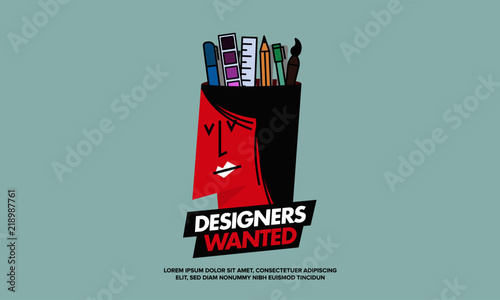 We are Hiring Designers/Creative People/Interns/Young Designers. Vector illustration of a designer and his creative tools—pencil, brush, marker, ruler, colour palette
