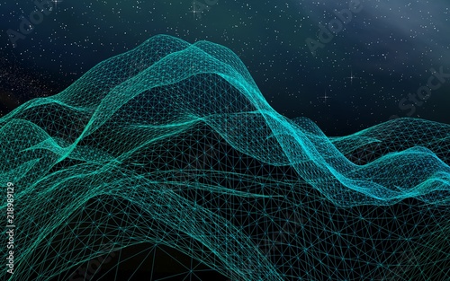 Abstract landscape on a dark background. Cyberspace grid. Hi-tech network. Outer space. Starry outer space texture. 3D illustration