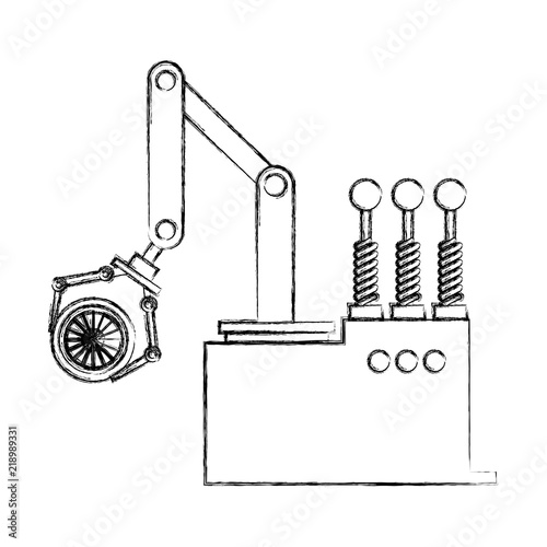 robot arm for automotive engineering with car wheel vector illustration   hand drawing