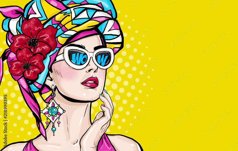 Pop Art woman with wow face in glasses holding hand near her cheeks.  Advertising poster of sale or discount with sexy club girl. Stock イラスト |  Adobe Stock
