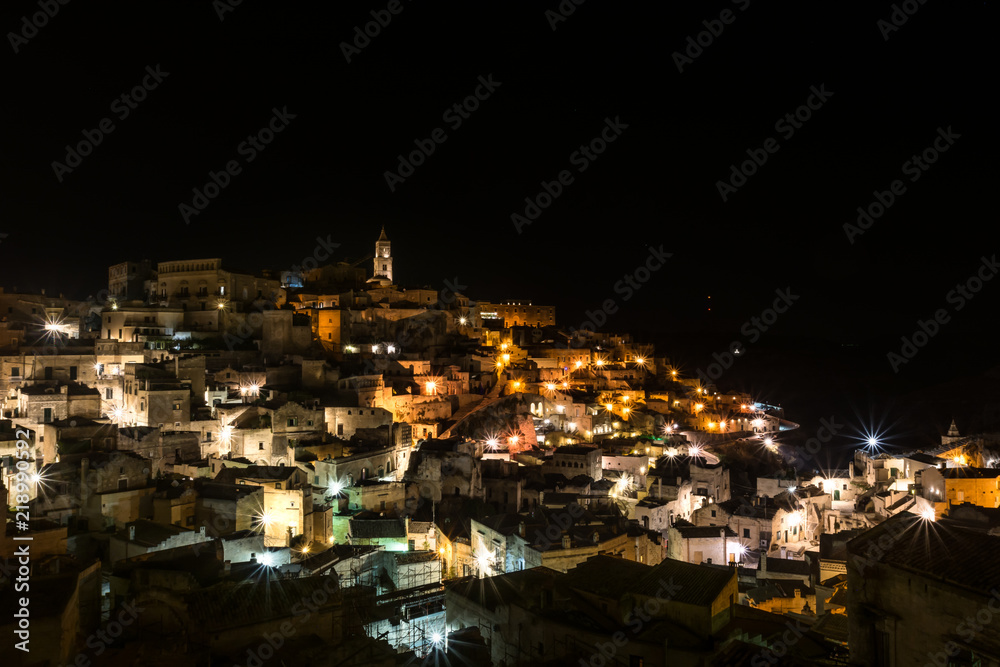 View of the old city of Matera, Basilicata, Italy. Long exposure of the center of Matera.