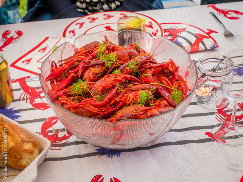 Swedish cray fish party bowl on a table.