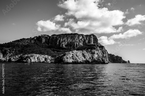 Black and white picture of the lighthouse of Capri, Island of the Gulf of Naples, Part of the Italian region Campania. 