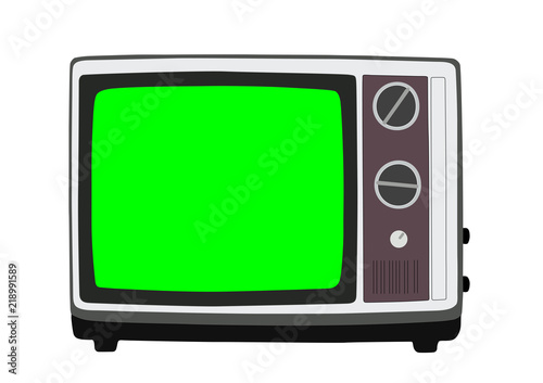 Vintage 1970s portable television vector illustration with chroma key green screen.