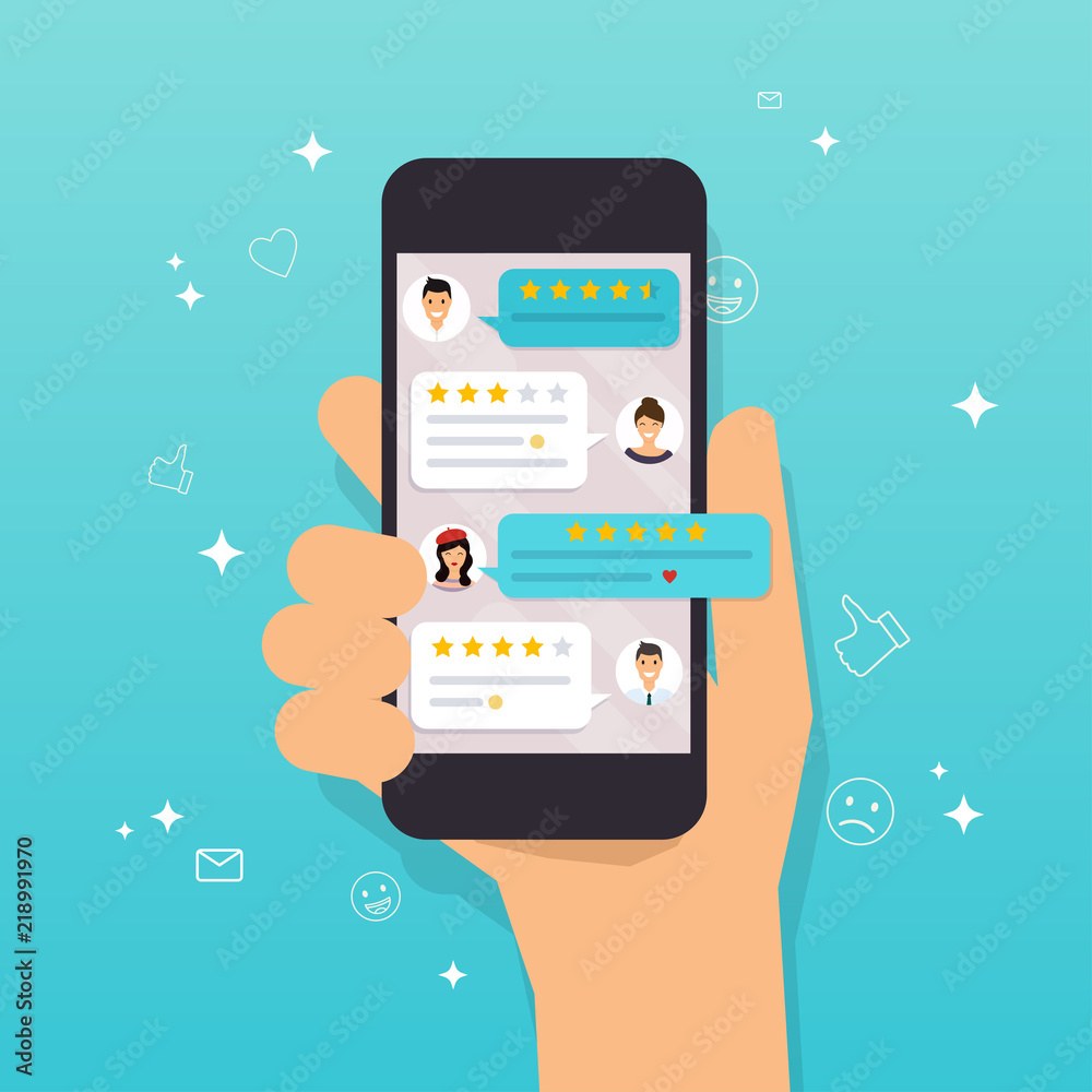 Hand holding mobile smart phone with review rating. Reviews stars with good and bad rate and text, concept of testimonials messages, notifications, feedback. Hand holding mobile smart phone with review rating. Reviews stars with good and bad rate and text, concept of testimonials messages, notifications, feedback.