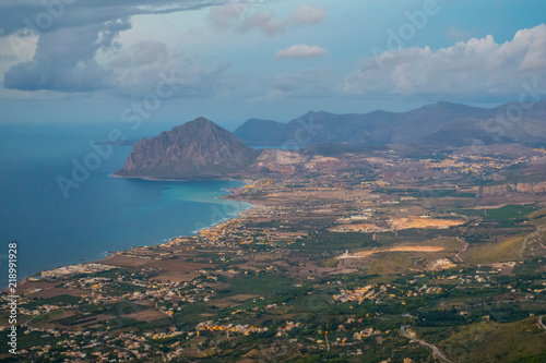 Beautiful panoramic view from Erice at Mediterranean sea and Monte Cofano, Sicily, Italy