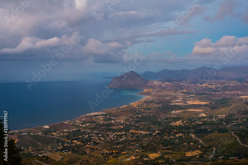 Beautiful panoramic view from Erice  at Mediterranean sea and Monte Cofano  Sicily  Italy