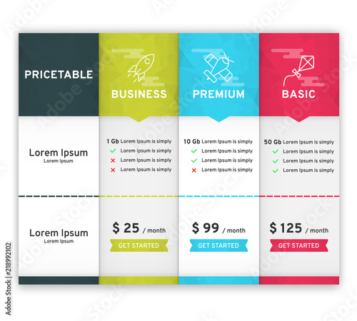 Price table for websites and applications. Template of tariffs. Vector illustration