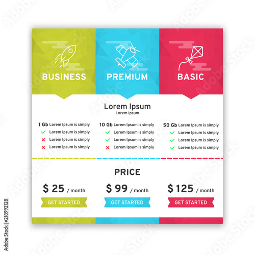 Price table for websites and applications. Template of tariffs. Vector illustration