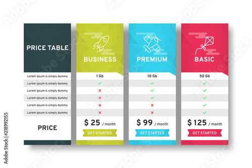 Price table for websites and applications. Template of tariffs. Vector illustration