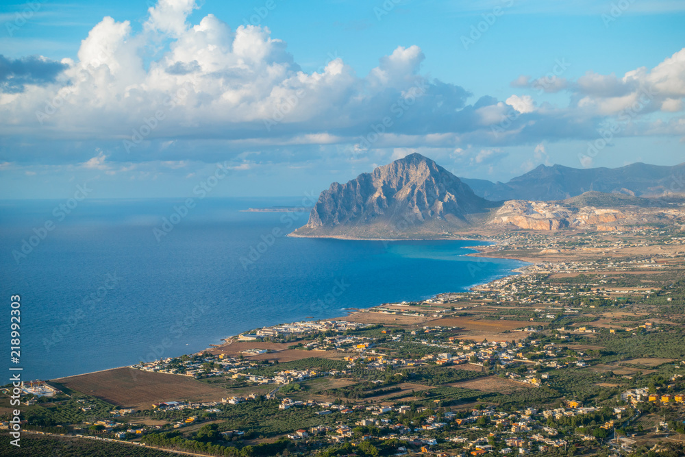 Beautiful panoramic view from Erice  at Mediterranean sea and Monte Cofano, Sicily, Italy