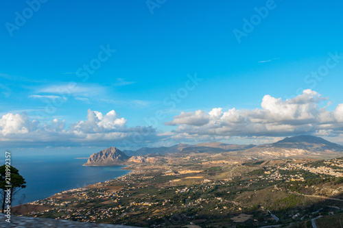 Beautiful panoramic view from Erice at Mediterranean sea and Monte Cofano, Sicily, Italy