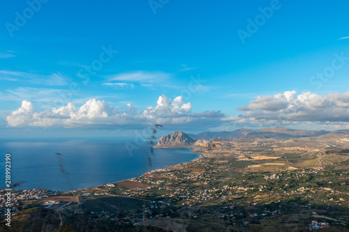 Beautiful panoramic view from Erice  at Mediterranean sea and Monte Cofano, Sicily, Italy