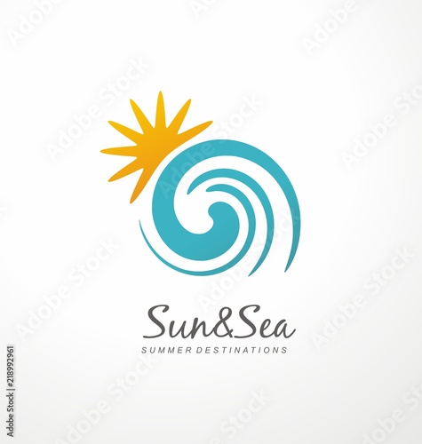 Sun and sea artistic logo design concept for travel agency. Summer destinations symbol sign idea with sun shape and blue ocean wave.