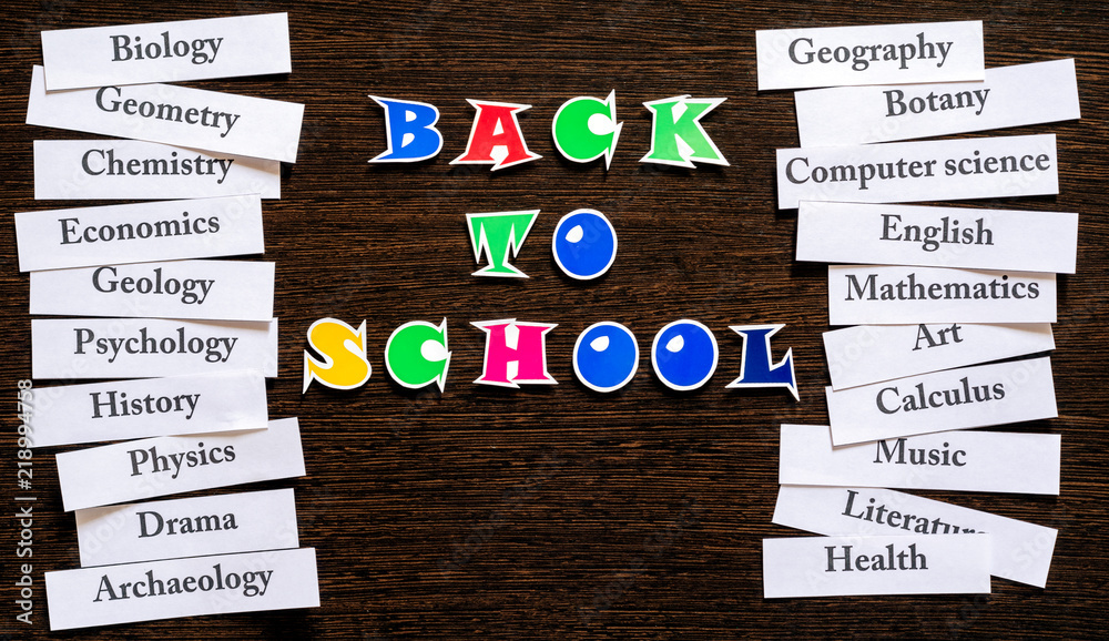 Names of school subjects. Back to school. Education concept. Top view ...